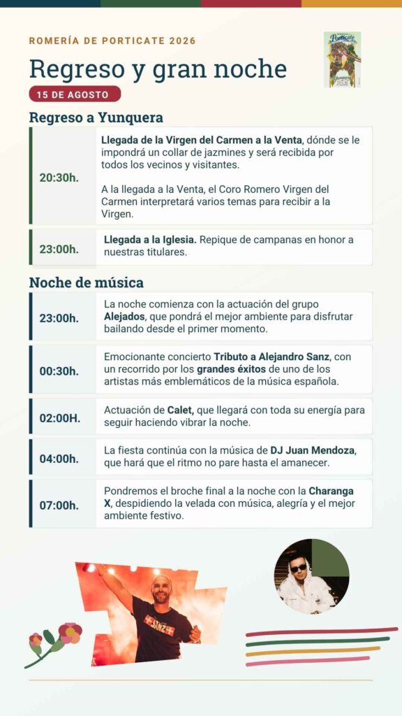 Programación Romería de Porticate 2026 -Sábado 15 - Regreso y noche